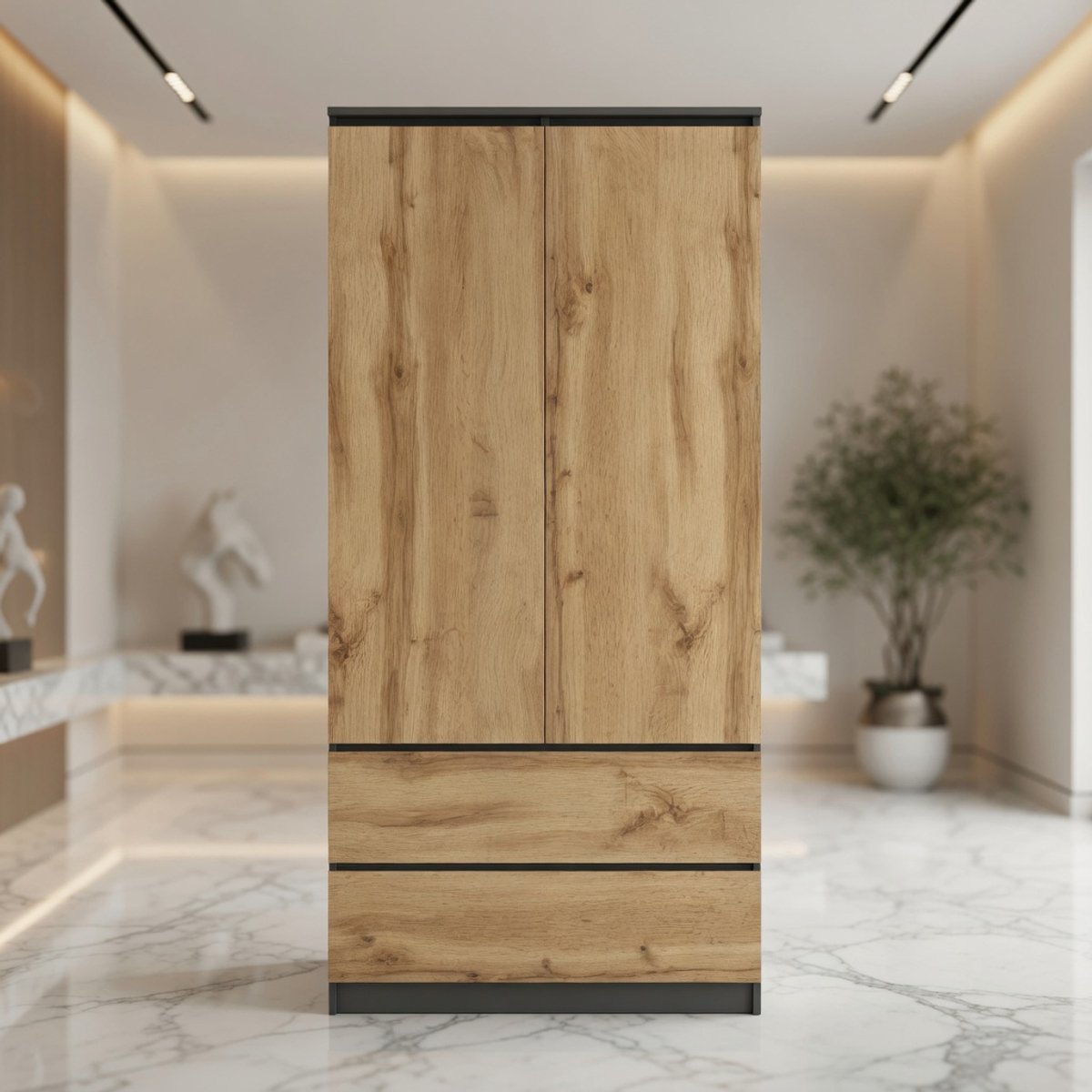 Milano Kledingkast – Multifunctionele Opbergkast met 2 Laden, 3 Legplanken en Kledingstang – Robuust, Ruimtebesparend en Modern – Antraciet/Eiken 90x50x180 cm - House&Garden