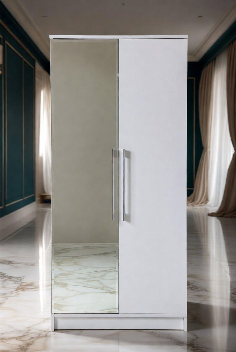 Elegante 2-Deurs Kledingkast met Spiegel, Softclose Draaideuren en Veel Opbergruimte – Moderne Witte Kast voor Slaapkamer, Kinderkamer of Kleine Ruimtes – 76x47x180 cm - House&Garden