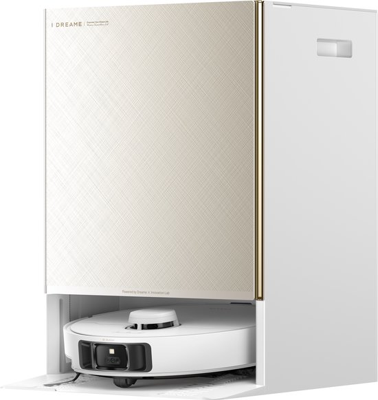 Witte robotstofzuiger binnen een witte zelfreinigende basis met goudkleurig accent.
