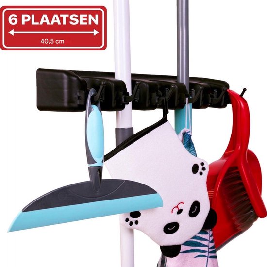 YOZHIQU Wandhouder voor Bezems en Gereedschap - 5 Stelen Bezemhouder met 6 Haken - Geschikt voor Bezem, Dweil en Tuinset - Duurzaam Plastic - Afmetingen 40,7x8,3x6,7cm van Merkloos	 — afbeelding 3