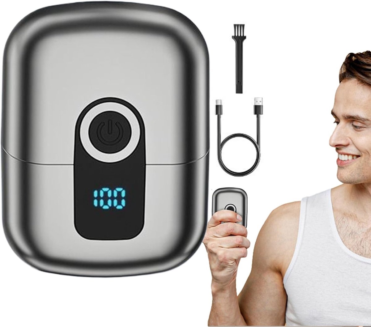 Scheerapparaat - Elektrische Scheerapparaat voor Mannen - Kleine Baardtrimmer met Digitaal Display - Oplaadbaar en Waterdicht - Lichtgewicht voor Thuis en Reizen - 8x6x3 cm - Grijs