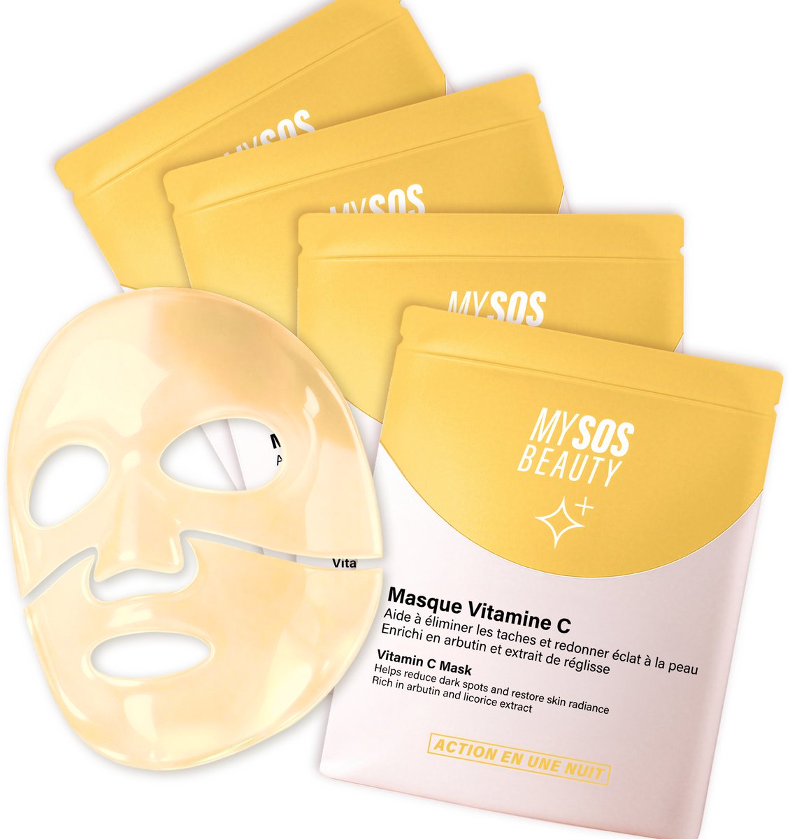 Set van 4 Vitamine C & Collageen Gezichtsmaskers My SOS Beauty – 4 x 40g Hydrogelmaskers met Arbutine & Zoethout – Verhelderende verzorging tegen pigmentvlekken & voor een stralende huid