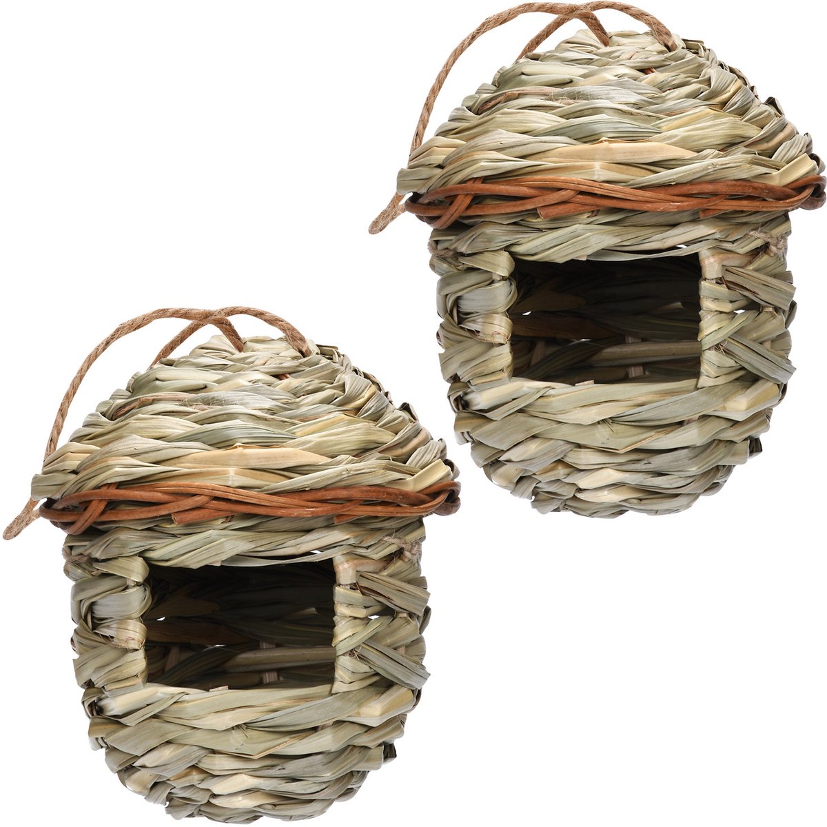 Kolibrihuisje (2-pack) — Hangend vogelnest voor buiten, handgevlochten — Mini-vogelhuisje van gras — Gemaakt van natuurlijke vezels — Tuindecoratie voor buiten
