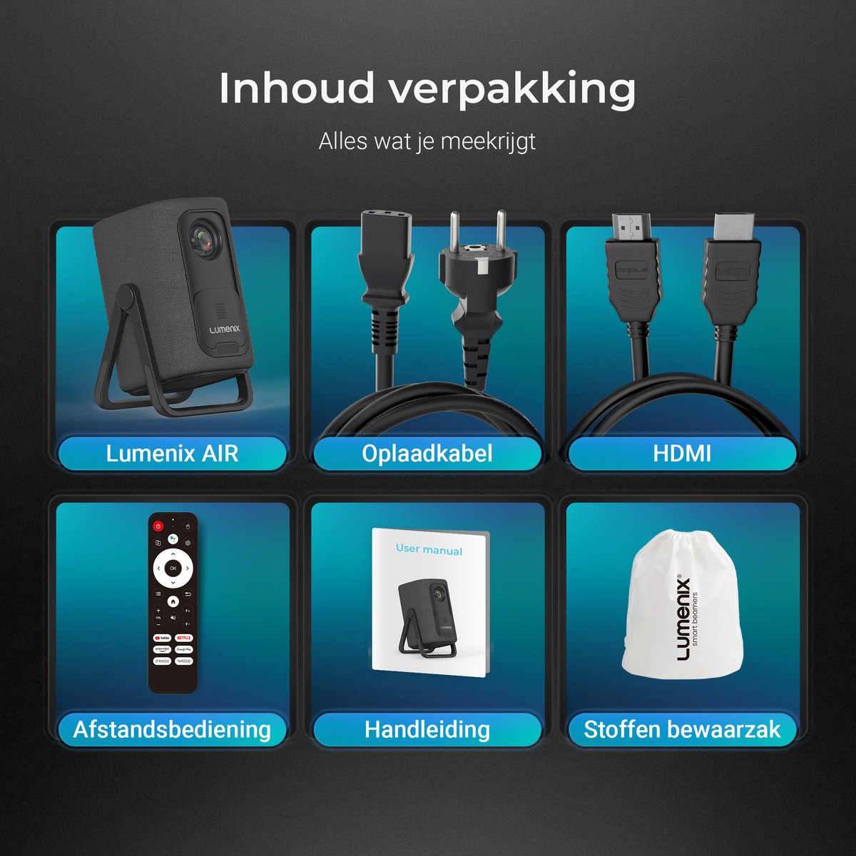 Lumenix® AIR – Google TV – Chromecast ingebouwd – Thuisbioscoop met Netflix – 500 ANSI – Full HD 1080p (4K ondersteund) – WiFi 6 & Bluetooth 5.2 – Autofocus & Auto Keystone – Home Cinema Projector thumbnail 8