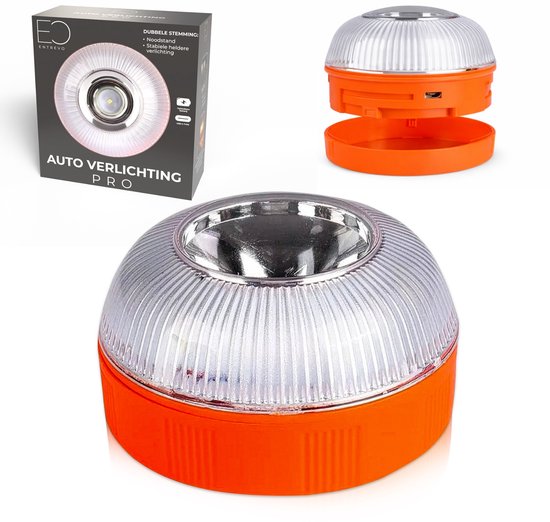 Oranje en witte LED auto noodverlichting 'AUTO VERLICHTING PRO' met verpakking en losse basis.