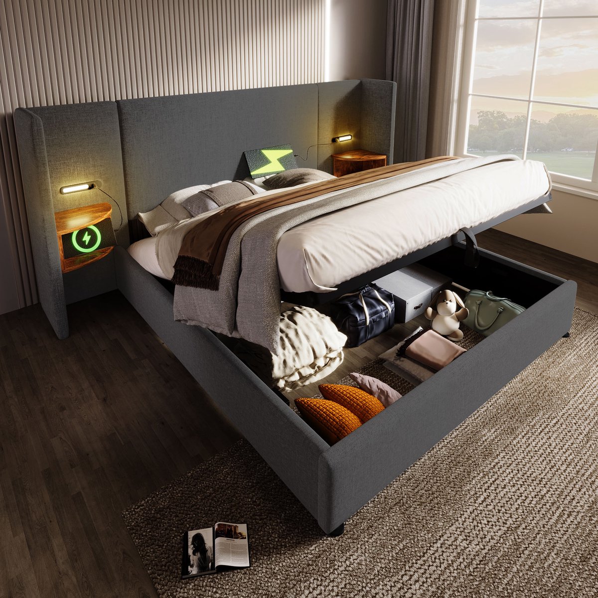 Wishdor Gestoffeerd Opbergbed 180x200 cm – Hoofdbord met Plank en Leeslamp (Touch) – USB e