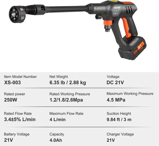 VEVOR Accu-Hogedrukreiniger, Draadloze Waterdrukreiniger, Spuitpistool, Hogedrukreinigerpistool (250w 21v, 50bar, voor Mobiele Reiniging en Irrigatie, 4l/Min, Incl. Accessoires, Oplader) — afbeelding 3
