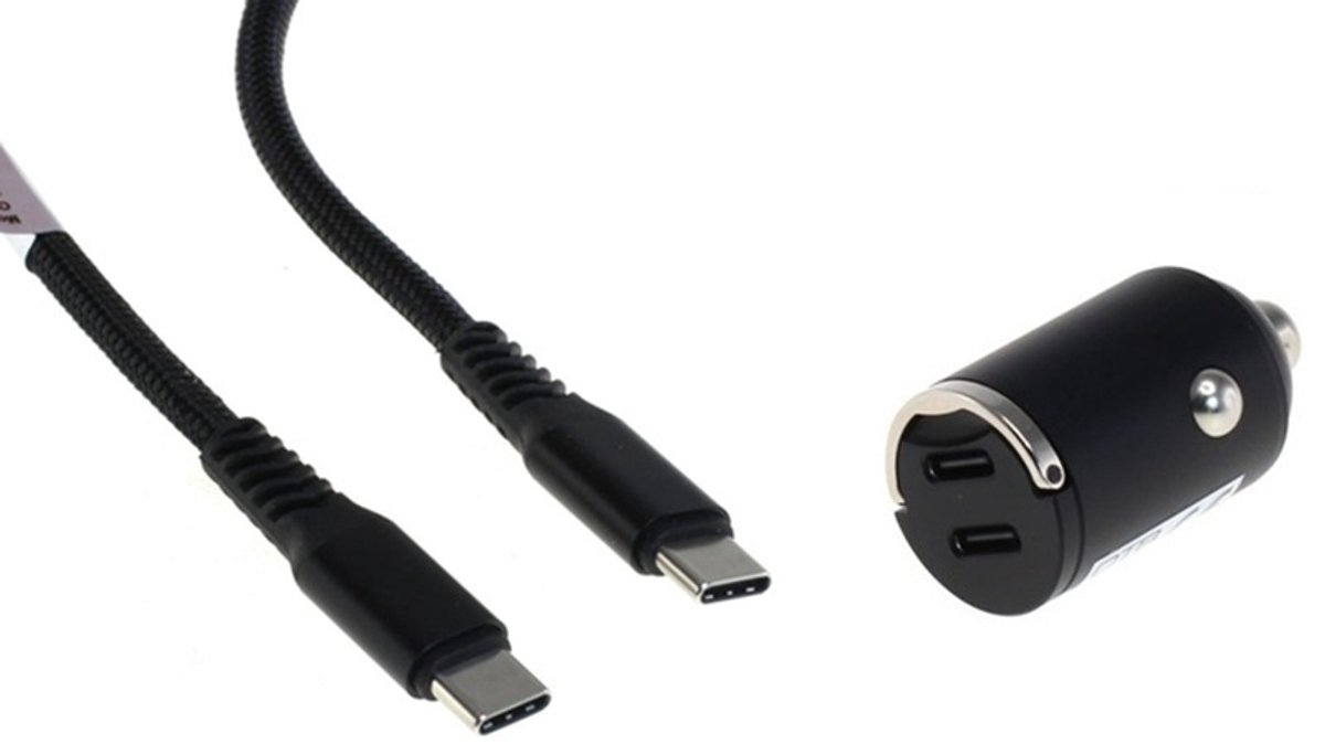 OneOne auto snellader met 2 poorten + 1,2m sterke USB C naar C kabel. 40W (2x 20W) lader. Autolader adapter past op Samsung Galaxy S8, S9, A07, A17, F36, M36, F56, Tab Active 5 Pro, Tab S9, S9 FE, Tab S10 Lite, S10+, S10 FE+, S10 Ultra
