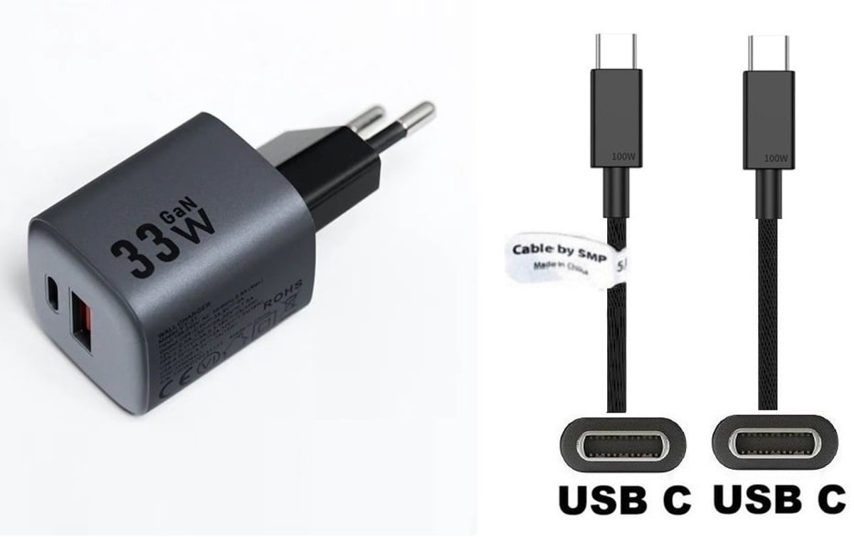 OneOne 33W snellader met 2 poorten + 3,0m sterke USB C naar C kabel. GAN lader. PD PPS oplader adapter past op Universeel Apple iPhone / iPad, Anker (Soundcore), Archos, Bose, Corsair, JBL, Stratus, iGPSPORT