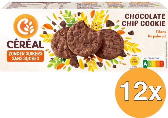 Verpakking met Céréal Chocolate Chip Cookies, zonder suikers, met 3 koekjes, stukjes chocolade en bladeren. 12x.