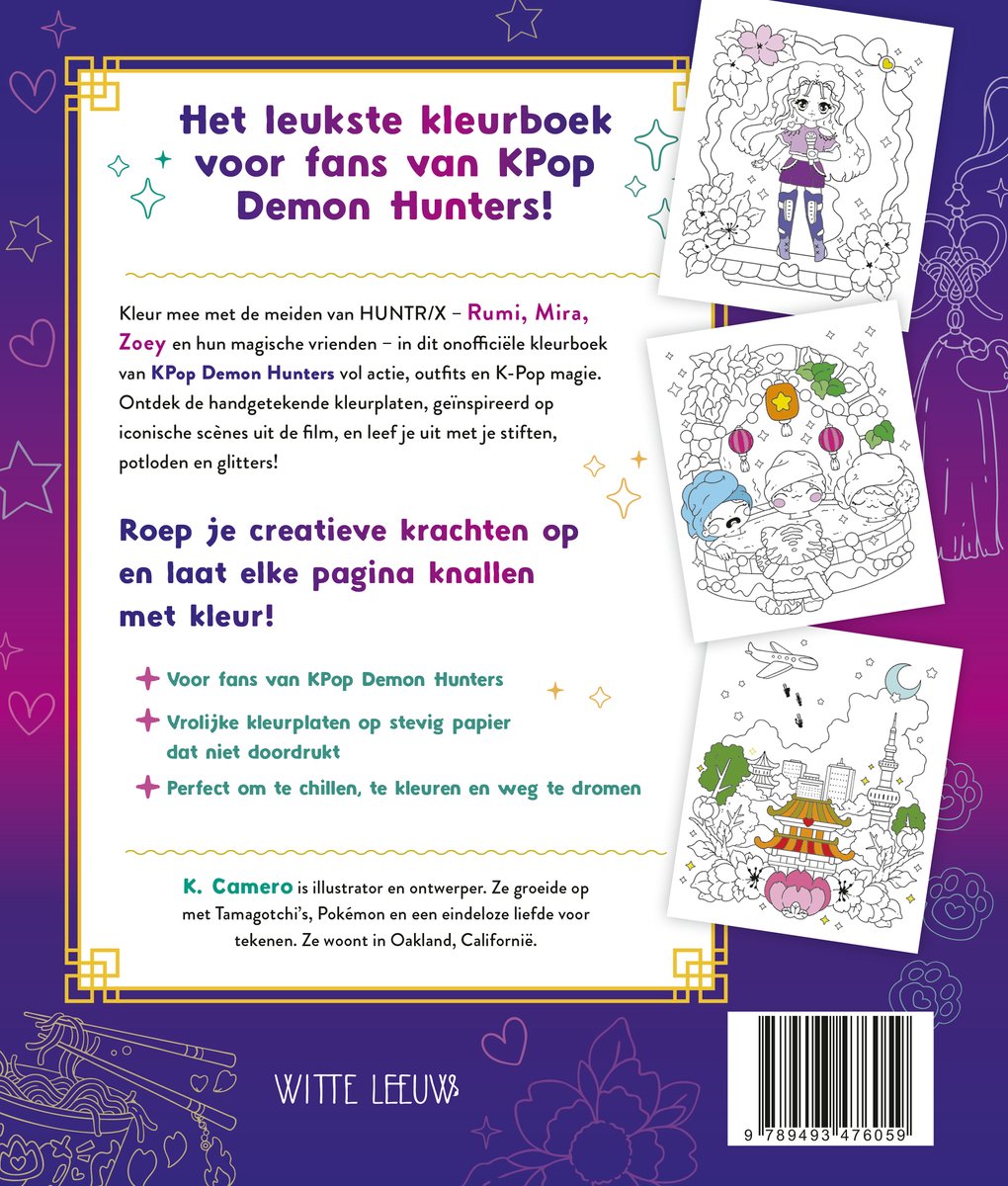 Dos du livre de coloriage 'KPop Demon Hunters', avec des illustrations et du texte sur le livre.