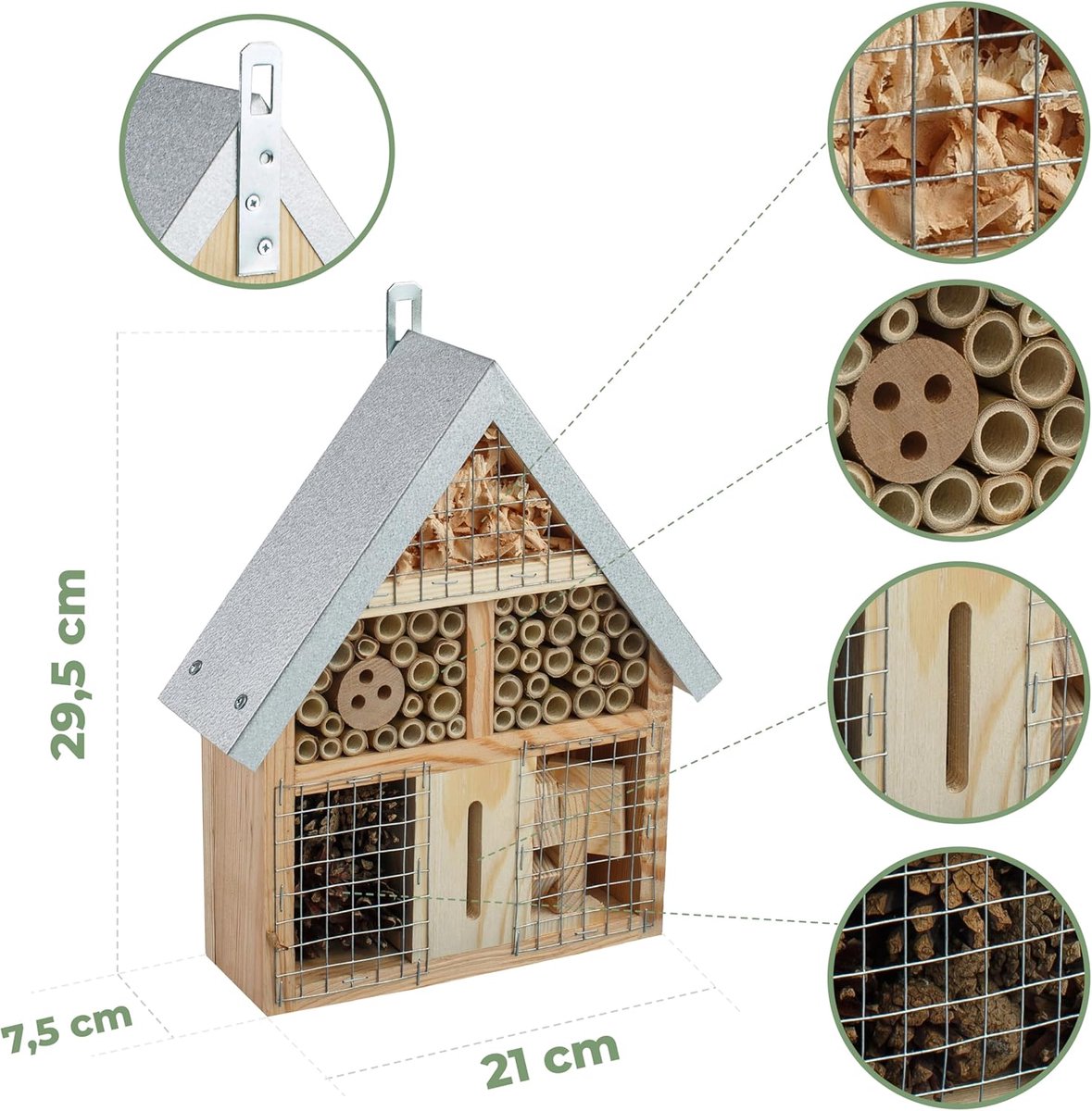 BOGATECO Groot Insectenhotel met Metalen Dak - M Bijenhotel van Massief Hout - Nestkast voor Wilde Bijen & Lieveheersbeestjes - Diverse Maten