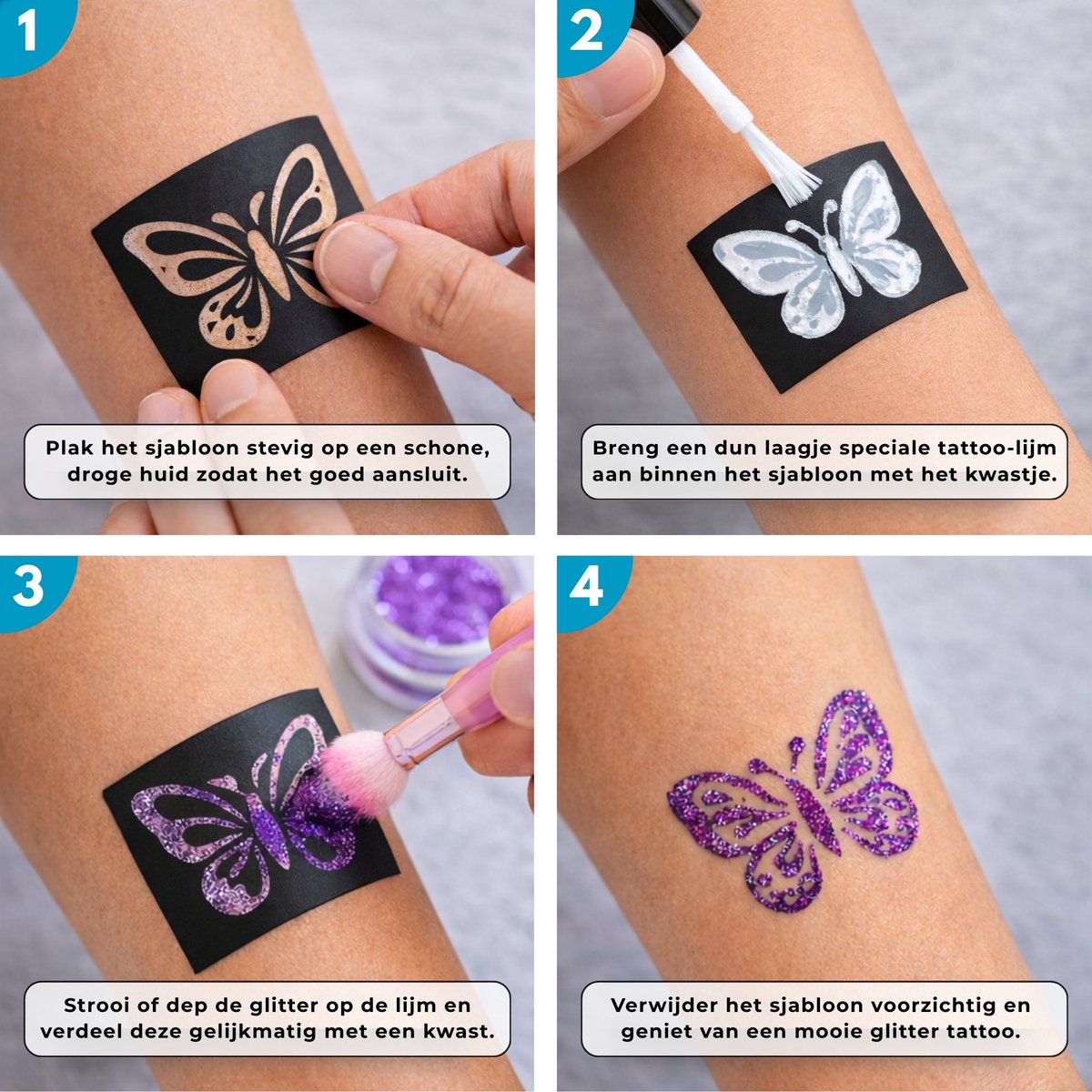 Boncy® XXL Glitter Tattoo Set - Schmink Tattoos Body Glitters - Incl. Sjablonen en Huidlijm - Tijdelijke Nep Tatoeages Voor Kinderen & Volwassenen - Glittergel Gezicht - Temporary Kinder Gel Neptattoos - Plak Lijm Tatoeage - Neptattoo Haar Face — afbeelding 4