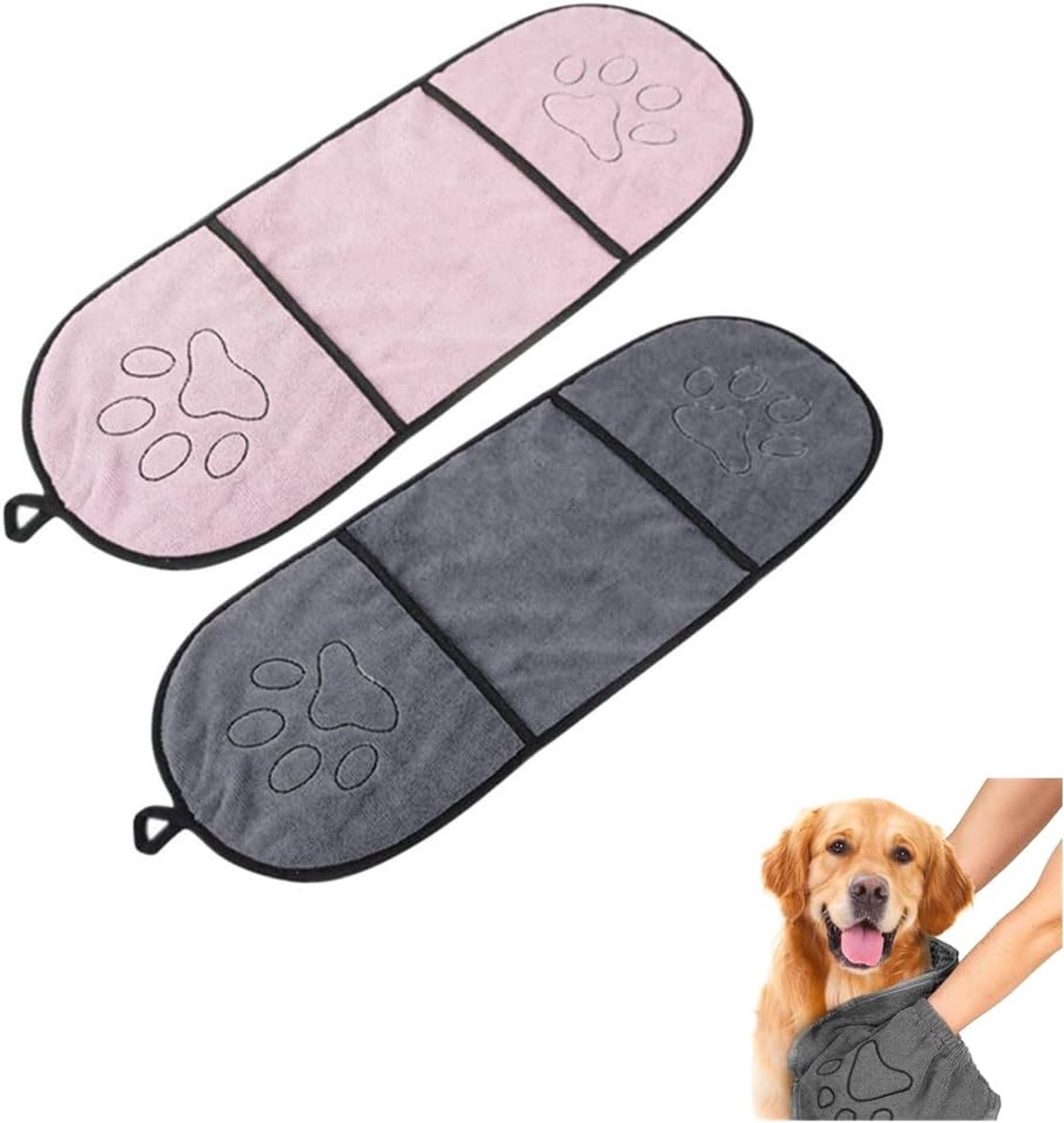Badhanddoek voor huisdieren, 2 stuks ultra-absorberende hondenbadhanddoek, super absorberende sneldrogende drooghanddoek voor huisdieren met zak voor katten en honden, roze+grijs