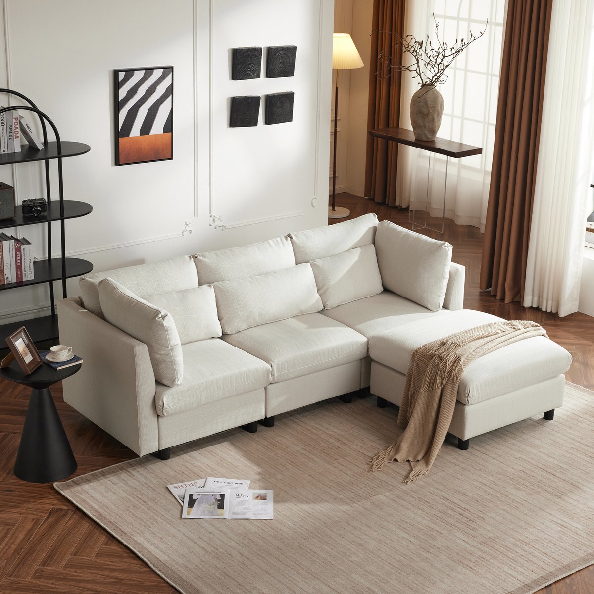 FloraGrace Hoekbank – Met Verplaatsbare Voetenbank En Hoge Rugleuning – Voor Woonkamer – Linnen – Beige