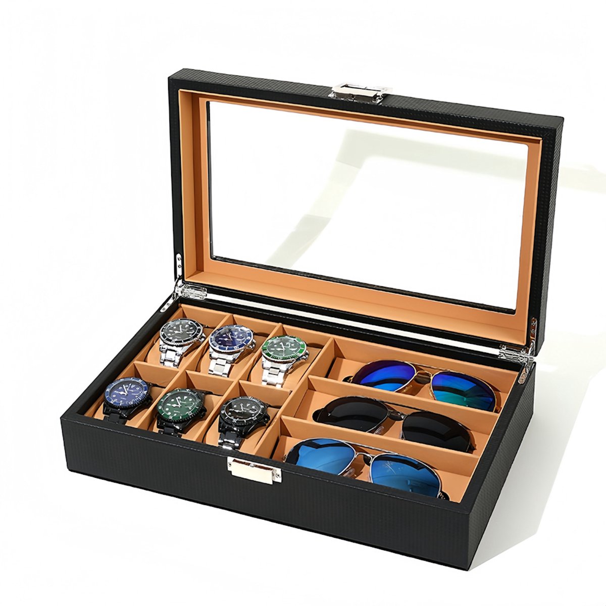 Decopatent - Luxe PU Horloge Doos en Zonnenbrillen Doos in 1 - Horlogebox - Zonnenbrillen box - Geschikt voor Heren en Dames - Horloge - Zonnebrillen Opbergdoos - 6 Horloge Vakken 3 Zonnenbrillen Vakken - Zwart met Licht Bruine Inleg