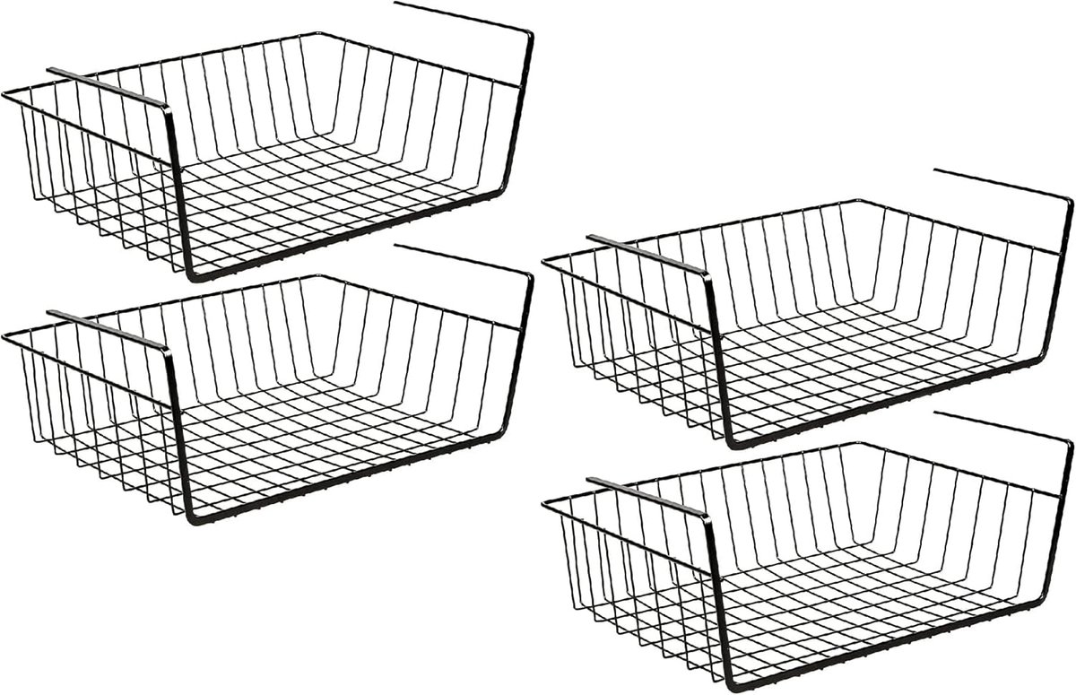 Schaaprek Keuken - Opbergrek Keuken - Zwarte RVS Uitschuifbare Opbergmanden 4 Stuks 37x26x11cm - Spleetrooster Design - Montagevrij Schuifsysteem - Geschikt voor Kast, Koelkast en Voorraadkast