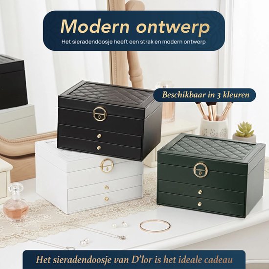 D’Lor Luxe Sieradendoos – Witte sieradenopbergdoos met slot, vakjes en lades – Elegante juwelendoos voor dames