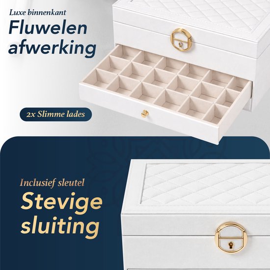D’Lor Luxe Sieradendoos – Witte sieradenopbergdoos met slot, vakjes en lades – Elegante juwelendoos voor dames