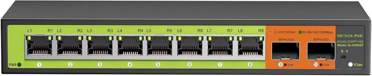 10-poorts 2.5Gb Schakelaar met 10G SFP Uplinks - Unmanaged, Fanless en Multi Gigabit