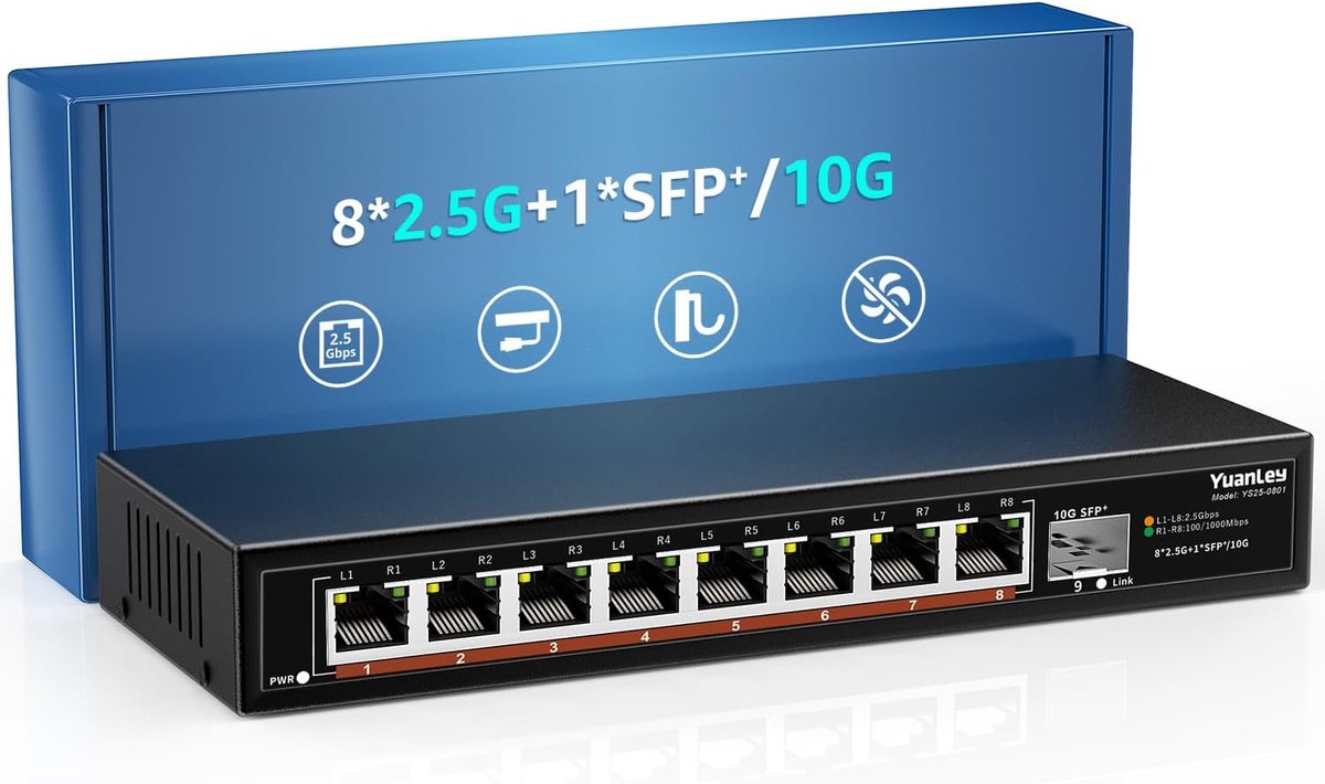 Ethernet Switch 2,5G - 8 Poorten, 60 Gbps, 10G SFP, Ventilatorloos