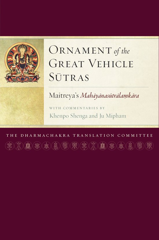 Boek "Ornament of the Great Vehicle Sutras" met Tibetaanse kunst en Oosterse symbolen. Tekst: "Ornament of the Great Vehicle Sutras".