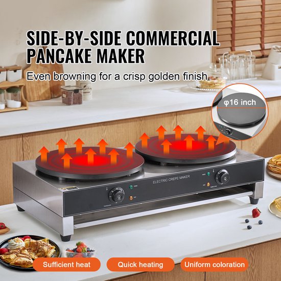 Commerciële Crêpemachine Dubbele Plaat - 3400W - 2x 40 cm Antiaanbak Bakplaat - Onafhankelijke Temperatuurregeling 50-300°C - RVS - Pannenkoekenmachine voor Horeca Snackbar van Merkloos — afbeelding 2