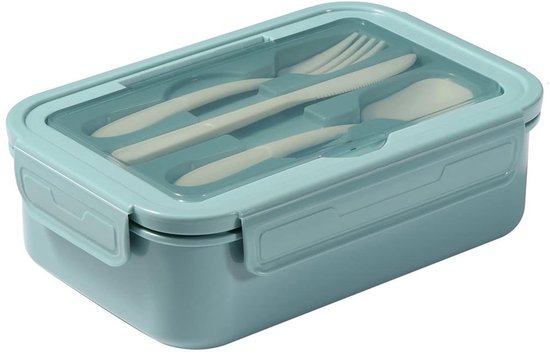 Boîte à lunch bleue en plastique avec couvercle transparent et ensemble intégré de couteau, fourchette et cuillère.