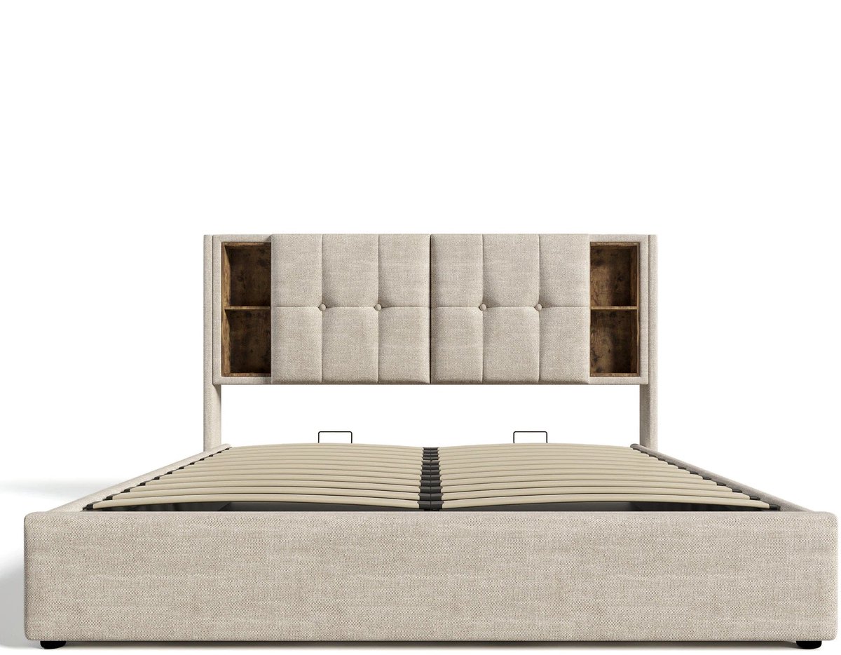 Tweepersoonsbed – Bed – Boxspring – Bedframe – Slaapbed – Beige Linnen – 140x200 cm – Draadloze Qi Oplader & Opbergruimte Met Gasdrukmechanisme