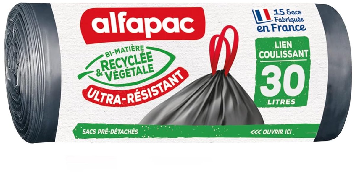 30L afvalzakken met schuifband - duurzaam en gerecycled bi-materiaal - gemaakt in Frankrijk