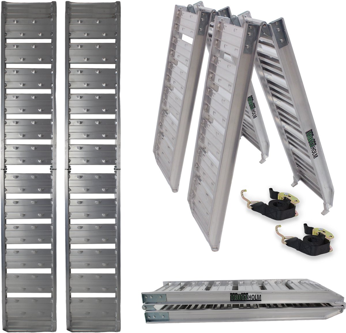 TRUTZHOLM 2 x opklapbare oprijplaat 180 cm draagvermogen 400 kg aluminium grijs geribbeld/ geperforeerd laadbrug