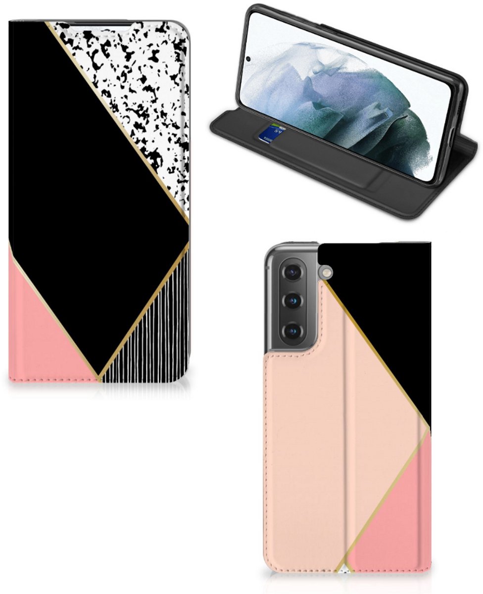 Samsung Galaxy S21 FE Stand Case Zwart Roze Vormen