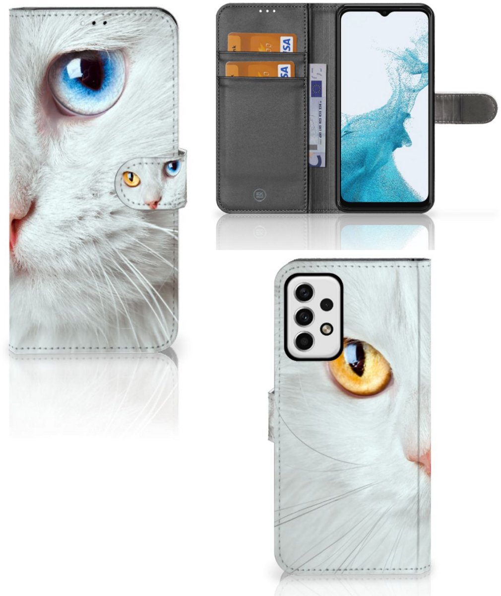 Book Case voor Samsung Galaxy A23 Telefoonhoesje met Pasjes Witte Kat