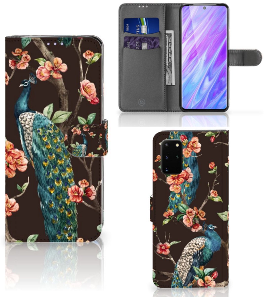 Samsung Galaxy S20 Plus Telefoonhoesje met Pasjes Pauw met Bloemen