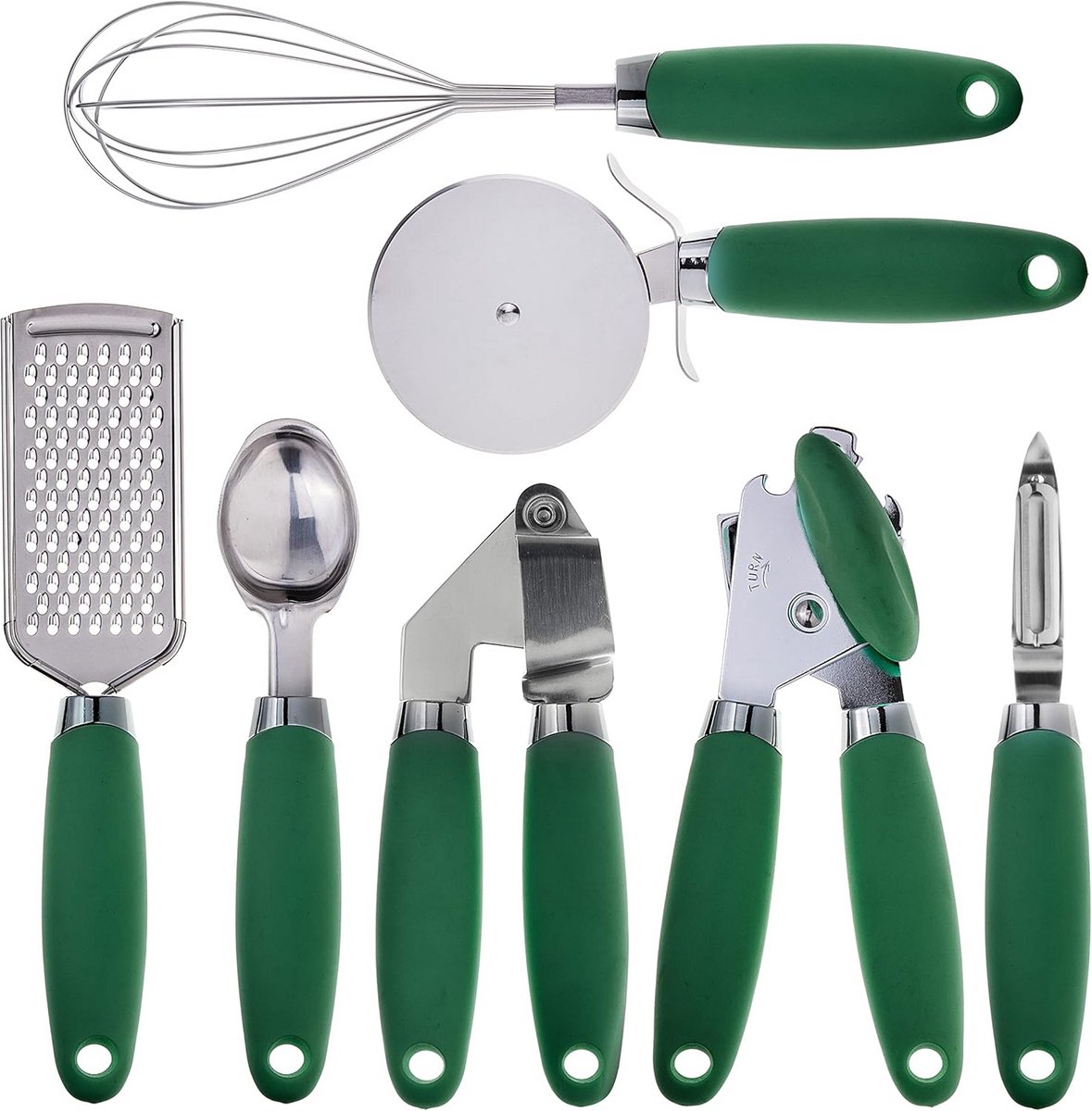 7-delige Keuken Gadget Set Roestvrij Staal met Zachte Aanraking Groene Handvatten
