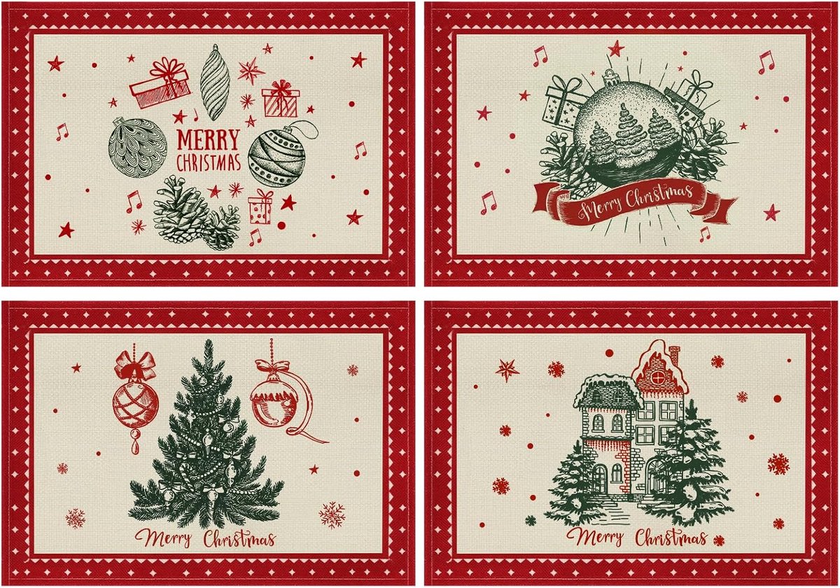 Set van 4 Woonde Beste Kerst Placemats - Wasbaar Linnen Tafelmatten 30x45 cm