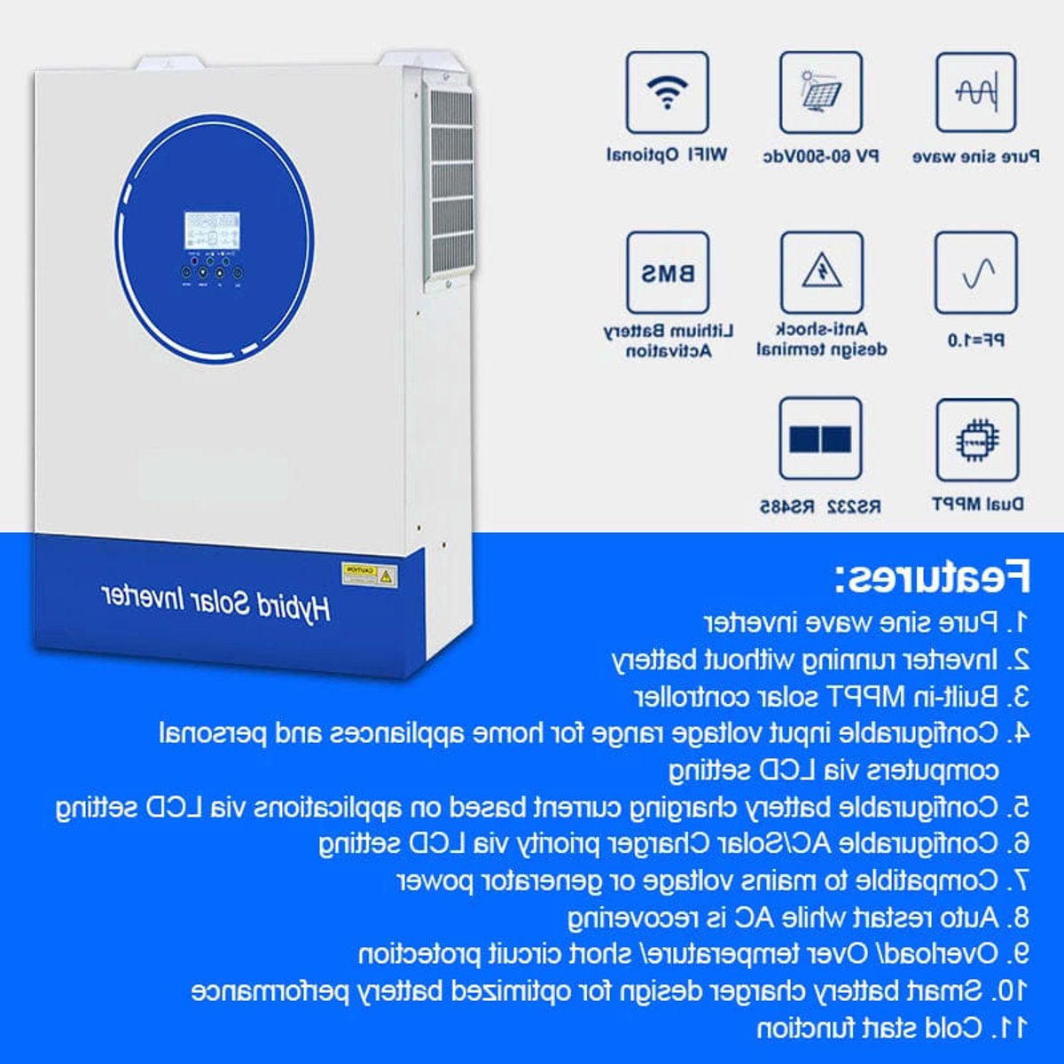 Hybride Zonn Omvormer – Zonne-Omvormer – MPPT Laadregelaar – Off-Grid Omvormer – 11kW 48V Met Wifi – Parallel Schakeling – Pure Sinusgolf – 160A Maximaal Laadvermogen