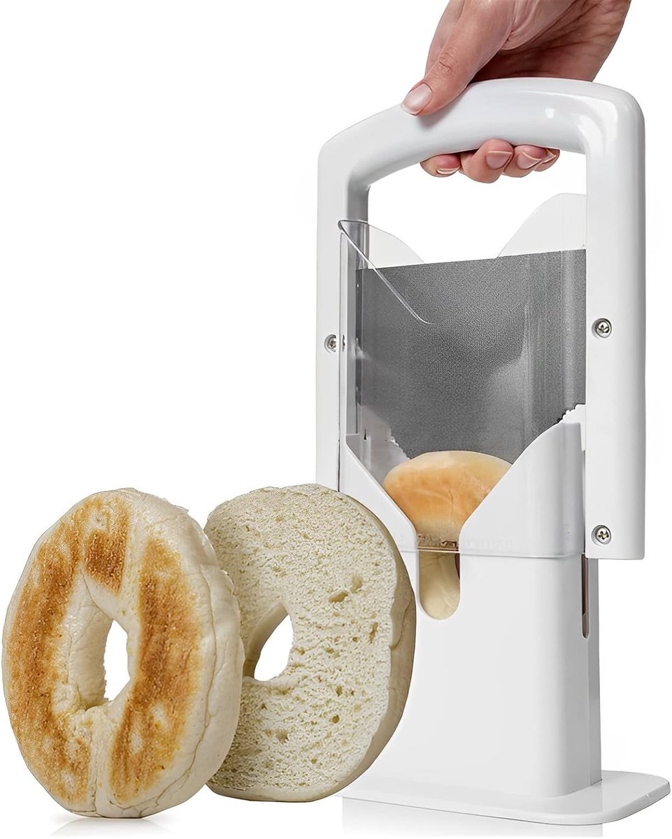Broodsnijder - met veiligheidshandvat - Roestvrijstalen snijder - Universele snijder - Gebruiksvriendelijke keukensnijder in guillotine-stijl - Draagbare brood-, muffin- en bagelsnijder - 24x18x10,5 cm - Wit