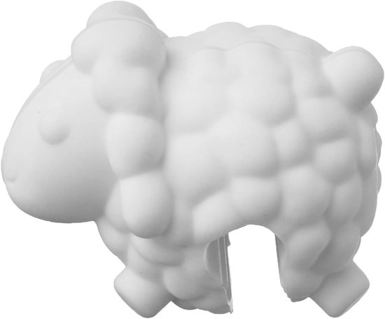 Een witte siliconen deksel lifter in de vorm van een schaap, met een opening aan de onderkant.