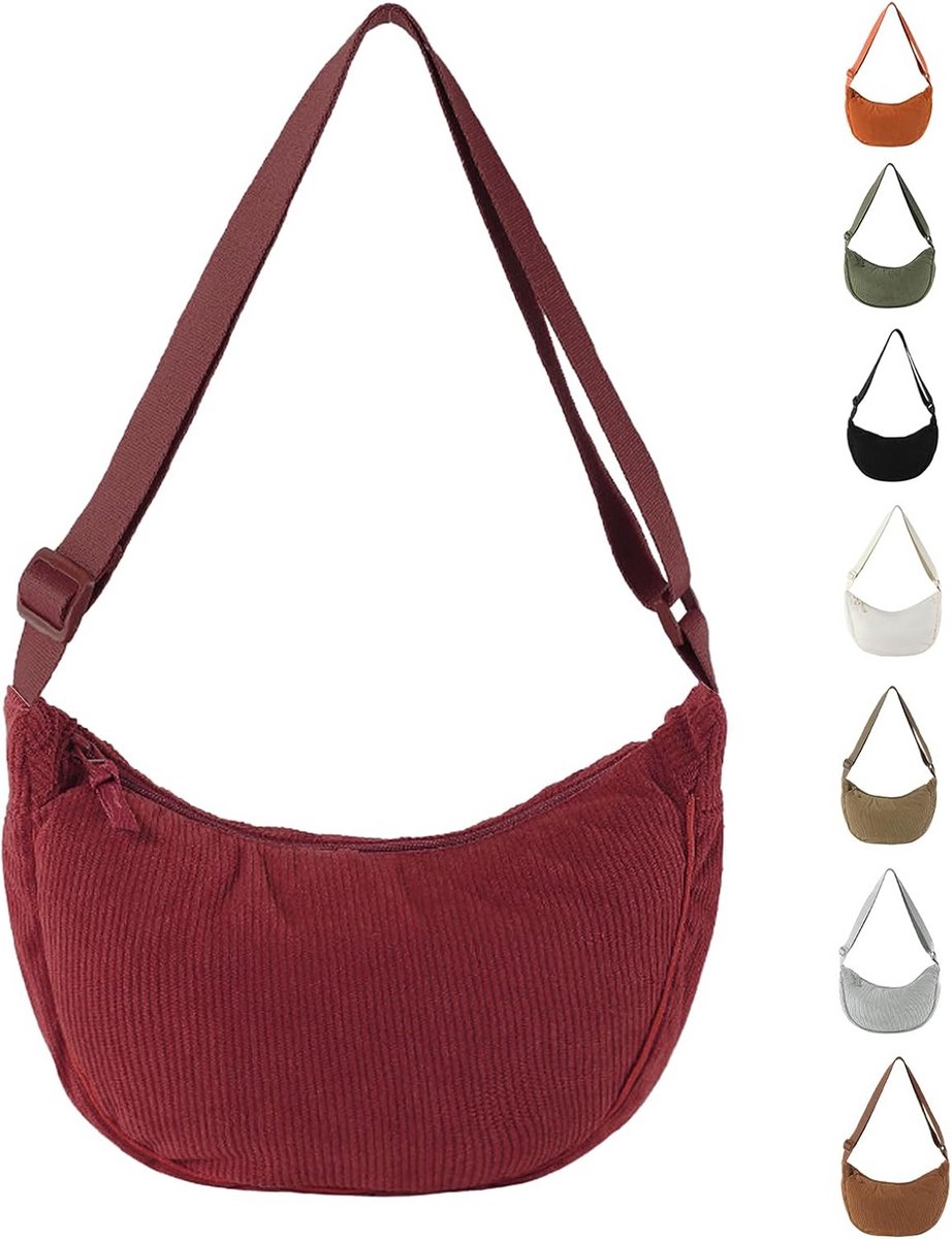 Dames Schoudertas Halve Maan van Corduroy - Crossbody Tas met Verstelbare Riem