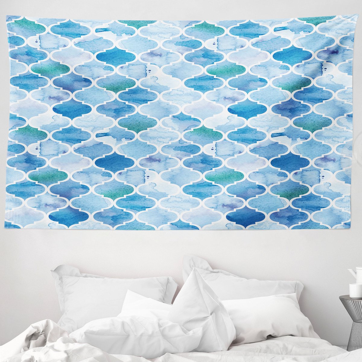 ABAKUHAUS Marokkaans wandtapijt, mozaïekpatroon in oosterse stijl met aquarelverf, 230 x 140 cm, lichtblauw