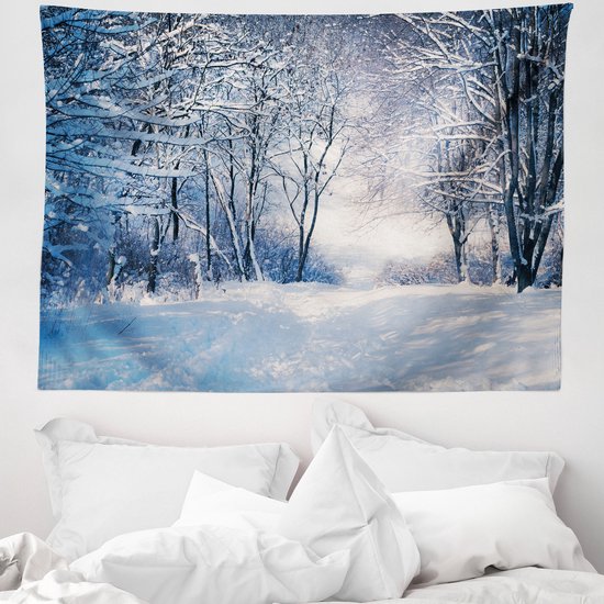 ABAKUHAUS Tapis d'hiver et couvre-lit, Allée dans une forêt enneigée, 150 x 110 cm, Bleu Noir Blanc