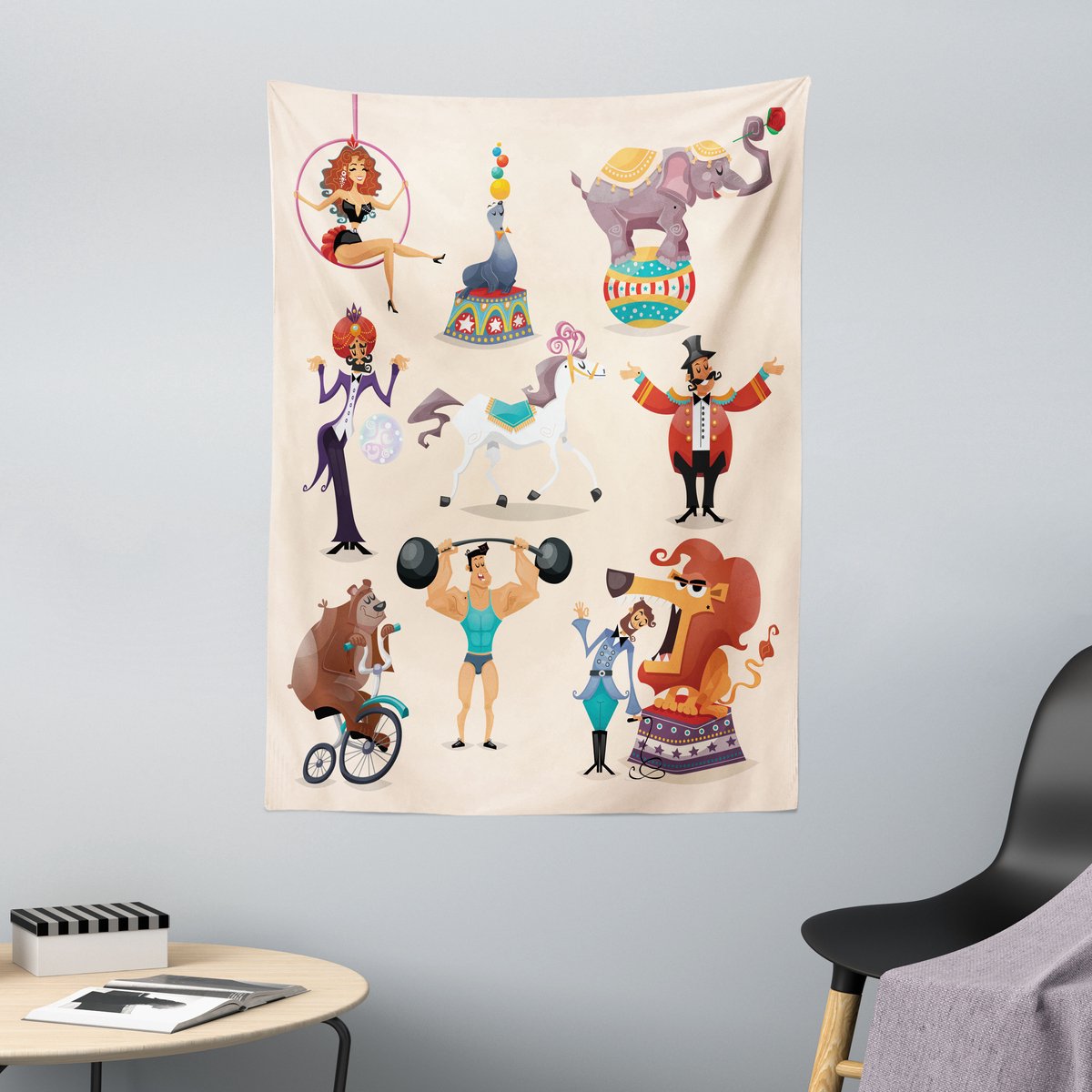ABAKUHAUS Circus Wandtapijt en Sprei, Circusatleet en Paard, 110 x 150 cm, Meerkleurig Veelkleurig