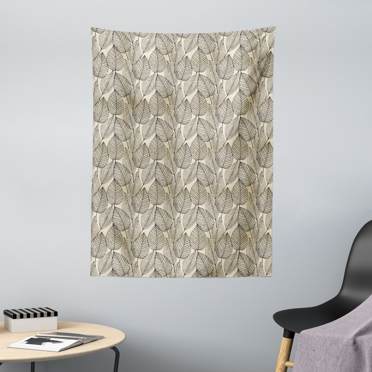 ABAKUHAUS Beige Wandtapijt, Herfstbladpatroon, 110 x 150 cm, Beige Zwart