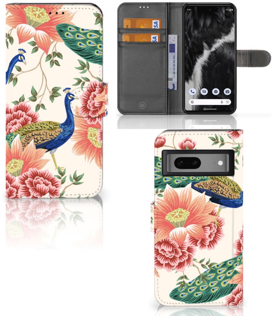Telefoonhoesje met Pasjes voor Google Pixel 7 Pink Peacock