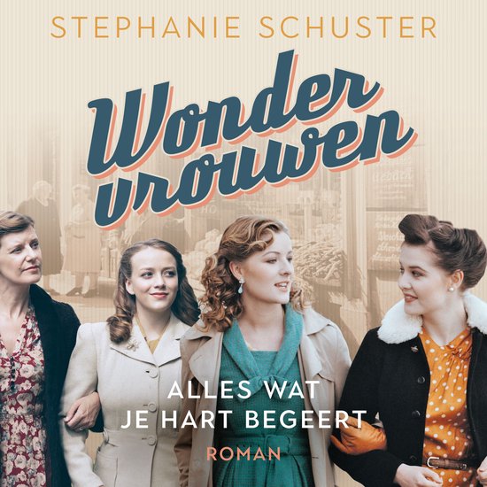 Boekcover met vier vrouwen met retro kapsels, getiteld 'Wonder vrouwen'.