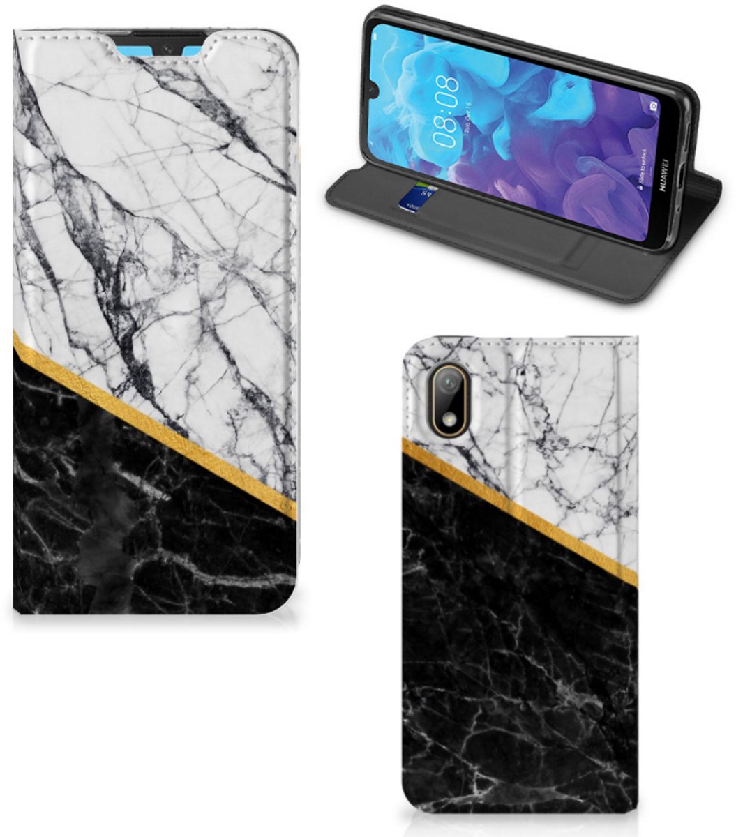Huawei Y5 (2019) Standcase Marmer Wit Zwart - Origineel Cadeau Man