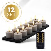 Set van 12 taupe LED waxinelichtjes op zwart dienblad, met afstandsbediening.