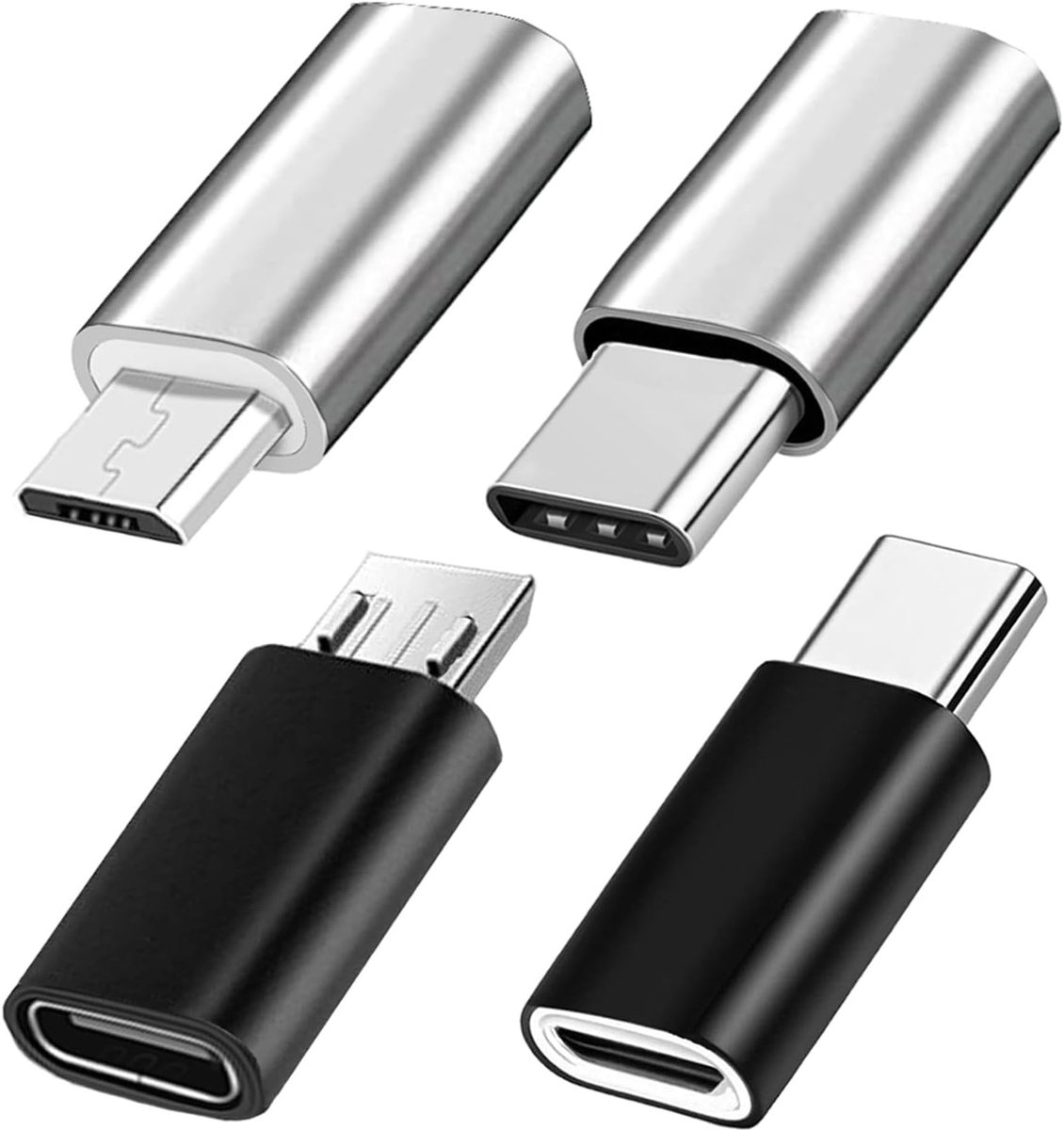 USB-C Adapter Set - Verbinding tussen USB-C en Micro USB, 4 Stuks Zwart en Zilver