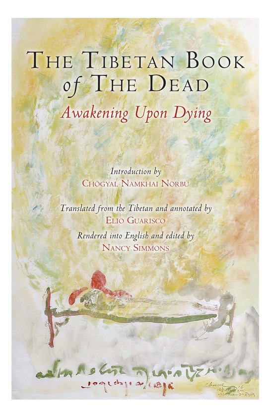 De cover van 'The Tibetan Book of the Dead: Awakening Upon Dying', met een abstracte aquarelachtergrond en tekst.
